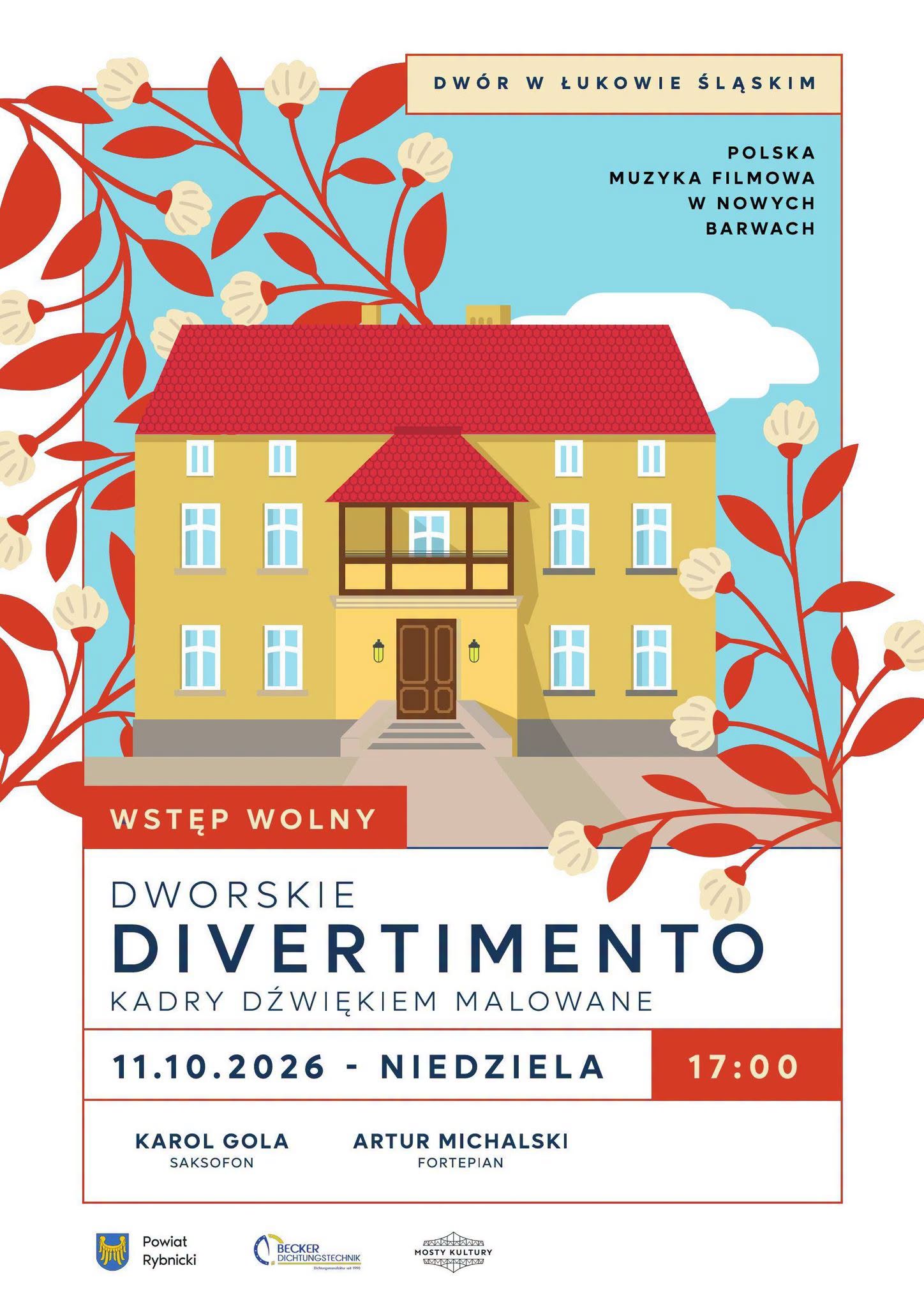 Plakat przedstawia rysunek dworu w Łukowie Śląskim, informując o koncercie 