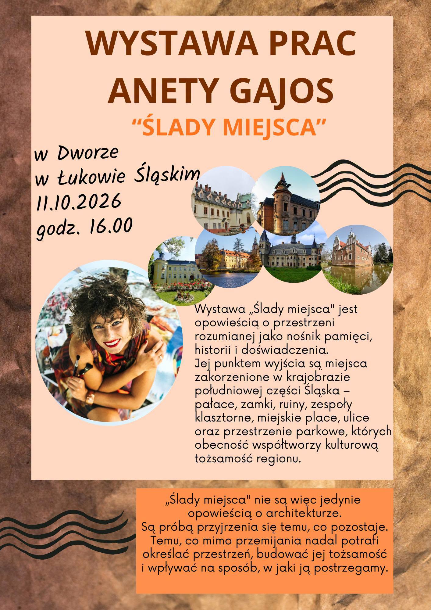 Plakat informuje o wystawie, która odbędzie się w Dworze w Łukowie Śląskim 11 Października o godzinie 16:00 - Malarstwo inspirowane śląską architekturą i historią spotka się z muzyką filmową. Wstęp wolny.