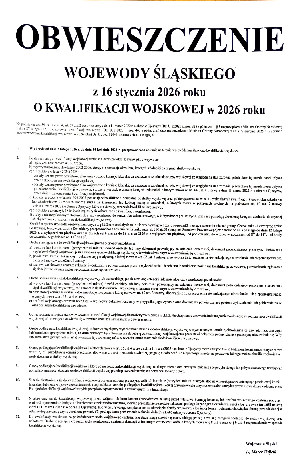 Obwieszczenie Wojewody Śląskiego o kwalifikacji wojskowej w 2026 roku.
