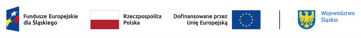 W logotypie widać: Logo Funduszy Europejskich dla wojedództwa Śląskiego, Flagę Rzeczypospolitej Polskiej, Logo Unii Europejskiej z informacją o dofinansowaniu przez Unię Europejską oraz Logo Województwa Śląskiego.