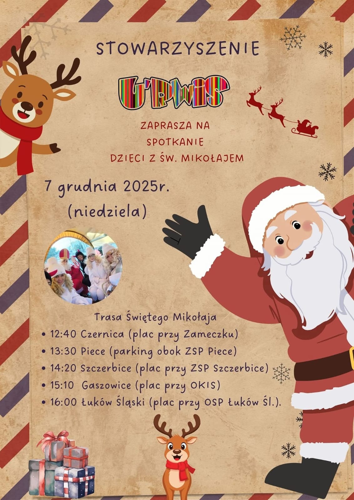 Plakat promujący akcję, spotkania z Św. MIkołajem organizowaną przez stowarzyszenie U'RWIS, Spotkania odbędą się 7 grudnia 2025 (tj. Niedziela)