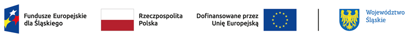 Grafika przedstawia loga: Fundusze Europejskie dla Śląskiego, Rzeczpospolita Polska, Dofinansowane przez Unię Europejską, Województwo Śląskie
