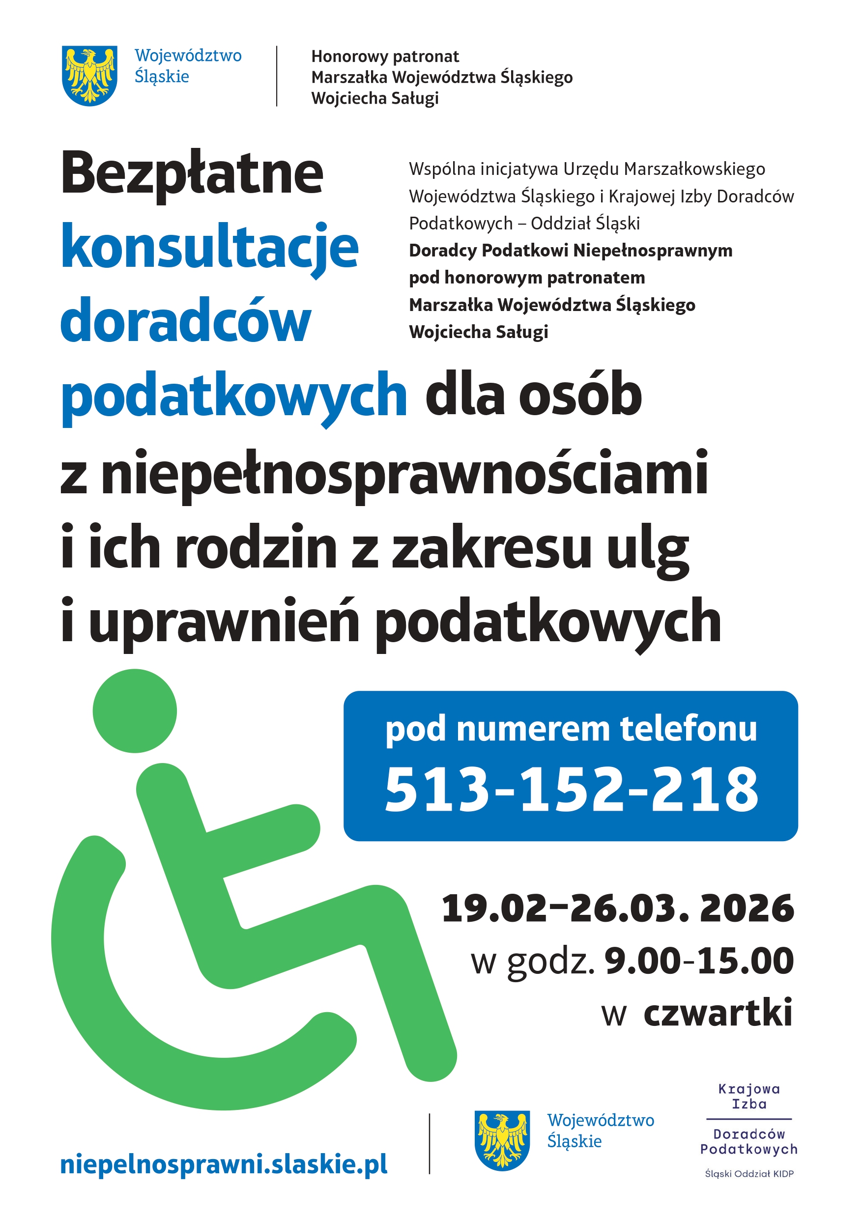Plakat, promujący  Bezpłatne konsultacje doradców podatkowych dla osób z niepełnosprawnościami i ich rodzin z zakresu ulg i uprawnień podatkowych, szczegóły w ogłoszeniu.