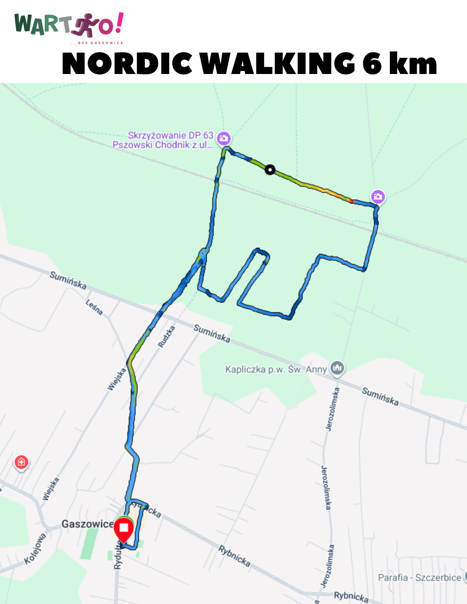 Trasa marszu Nordic Walking OKiS -> Rydułtowska -> Rudzka -> Leśna -> utwardzone drogi gminne (Jerozolimska) -> drogi prywatne i leśne -> Leśna -> Rudzka -> Rybnicka -> droga wewnętrzna -> OKiS