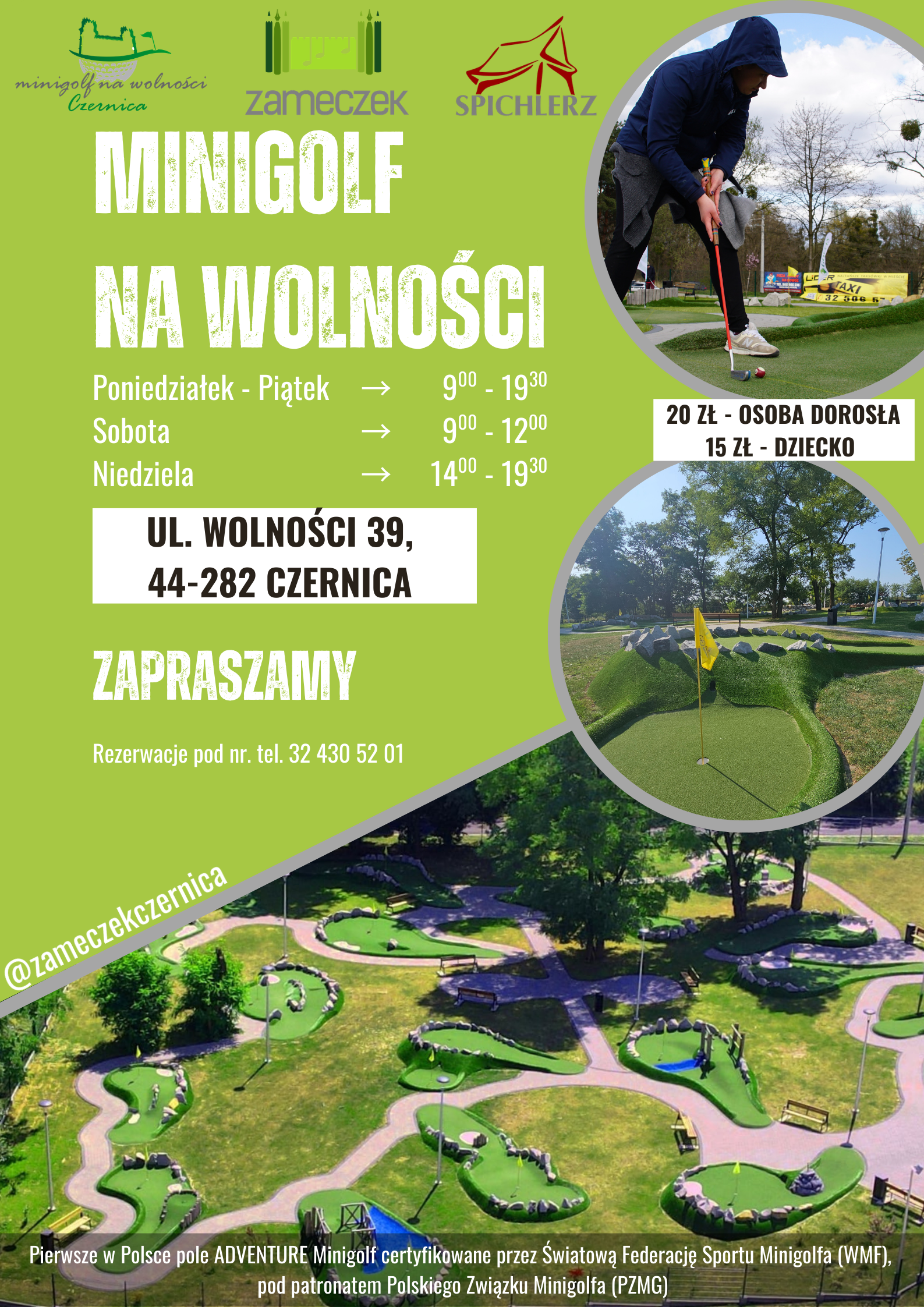 Plakat, przedstawiający ofertę pola do minigolfa w Czernicy, wszystkie szczegóły w treści ogłoszenia