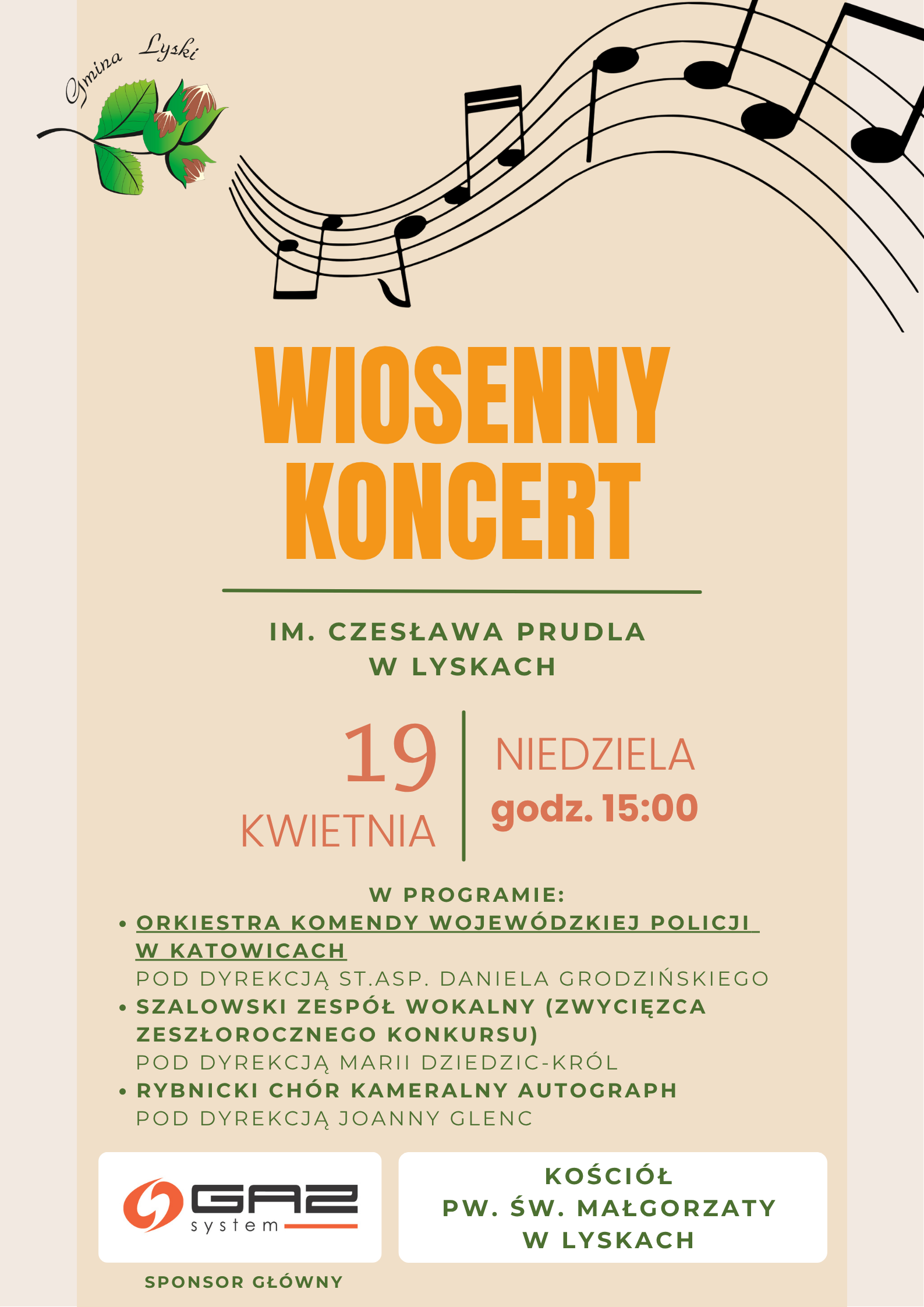 Plakat promujący Wiosenny Koncert im. Czesława Prudla w Lyskach, który odbędzie się w dniu 19 kwietnia 2026 r. (niedziela) o godz. 15:00 w Kościele pw. św. Małgorzaty w Lyskach.