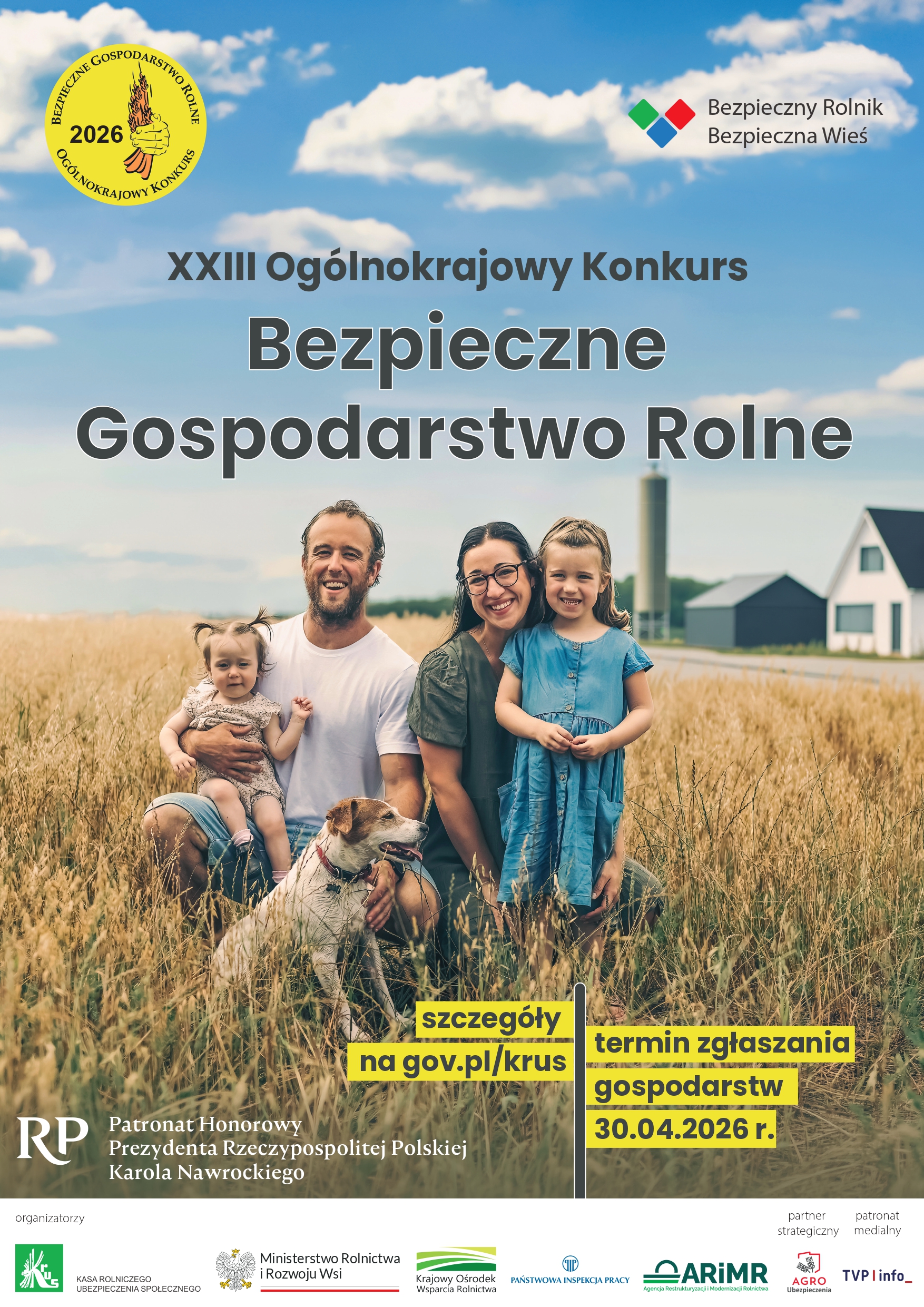 XXIII Ogólnokrajowy Konkurs Bezpieczne Gospodarstwo Rolne - szczegóły na gov.pl/krus - termin zgłaszania gospodarstw 30.04.2026 r.