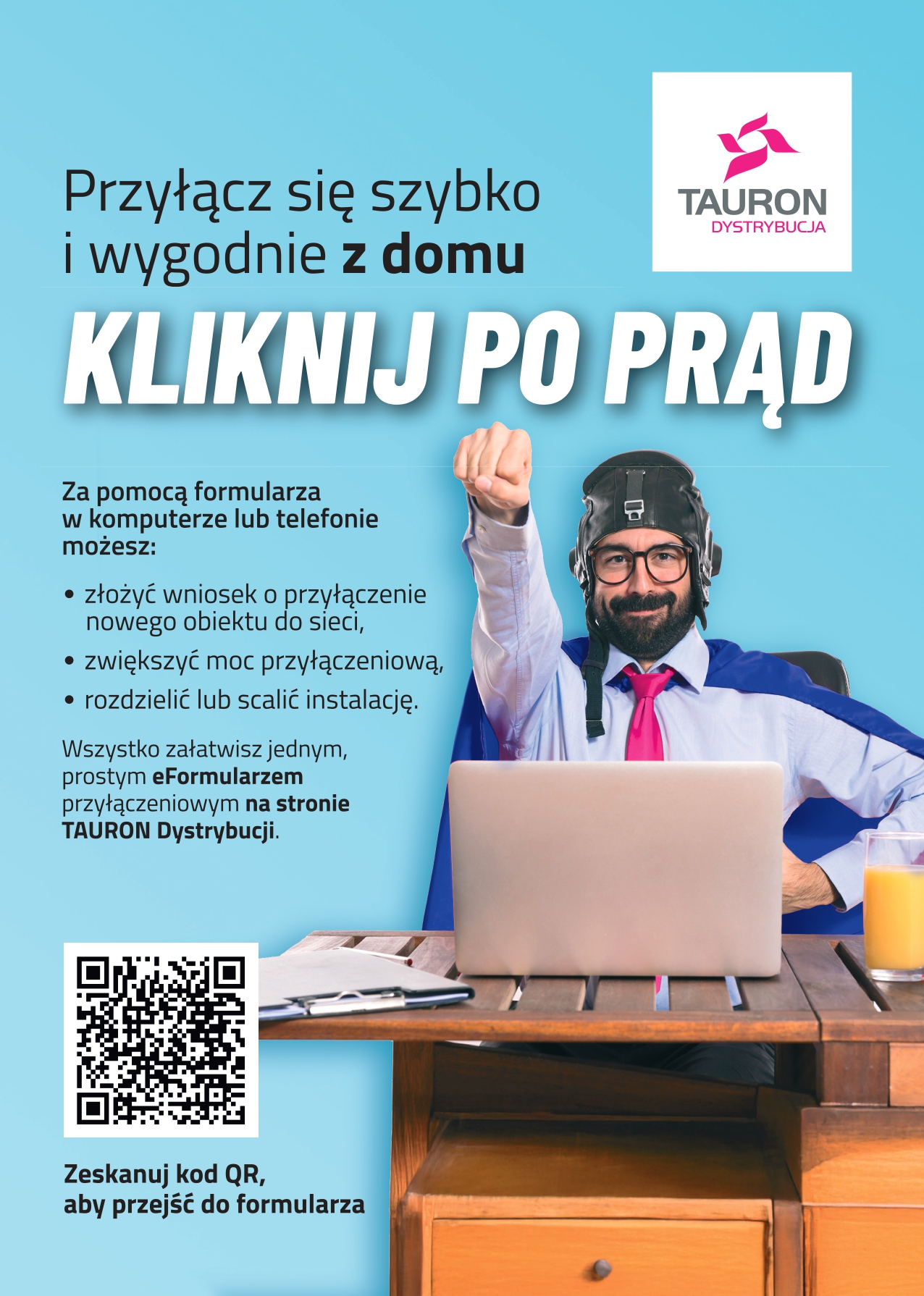 Plakat promujący wykorzystywanie elektronicznych formularzy celem przyłączenia do sieci energetycznej.