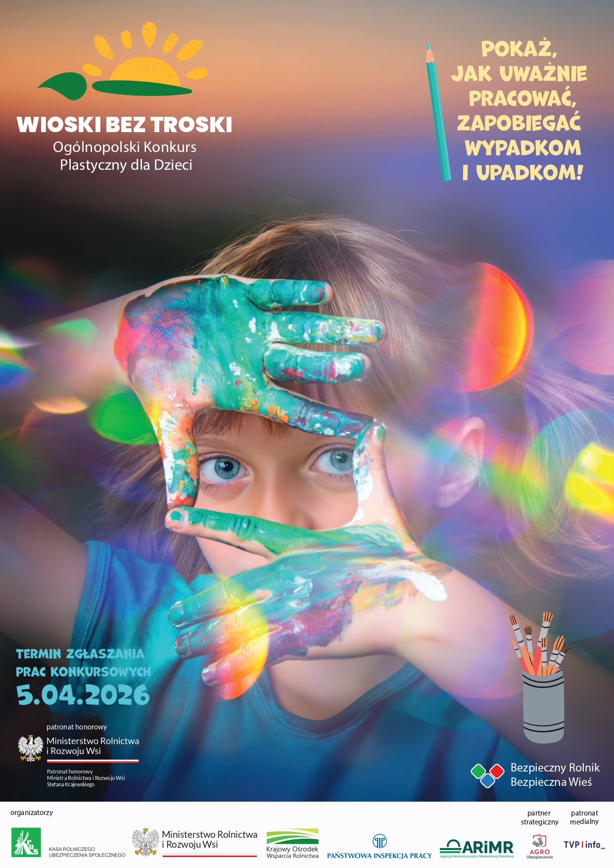 Plakat promujący Konkurs Plastyczny dla Dzieci pod hasłem „Wioski bez troski”. więcej szczegółów poniżej w ogłoszeniu.