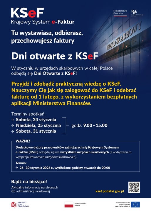 24, 25 stycznia (sobota, niedziela) i 31 stycznia (sobota) 2026 r. w Urzędzie Skarbowym w Rybniku odbędą się dni otwarte nt. Krajowego Systemu e-Faktur. Każdy zainteresowany będzie mógł spotkać się z ekspertami KSeF i uzyskać indywidualne wyjaśnienia.