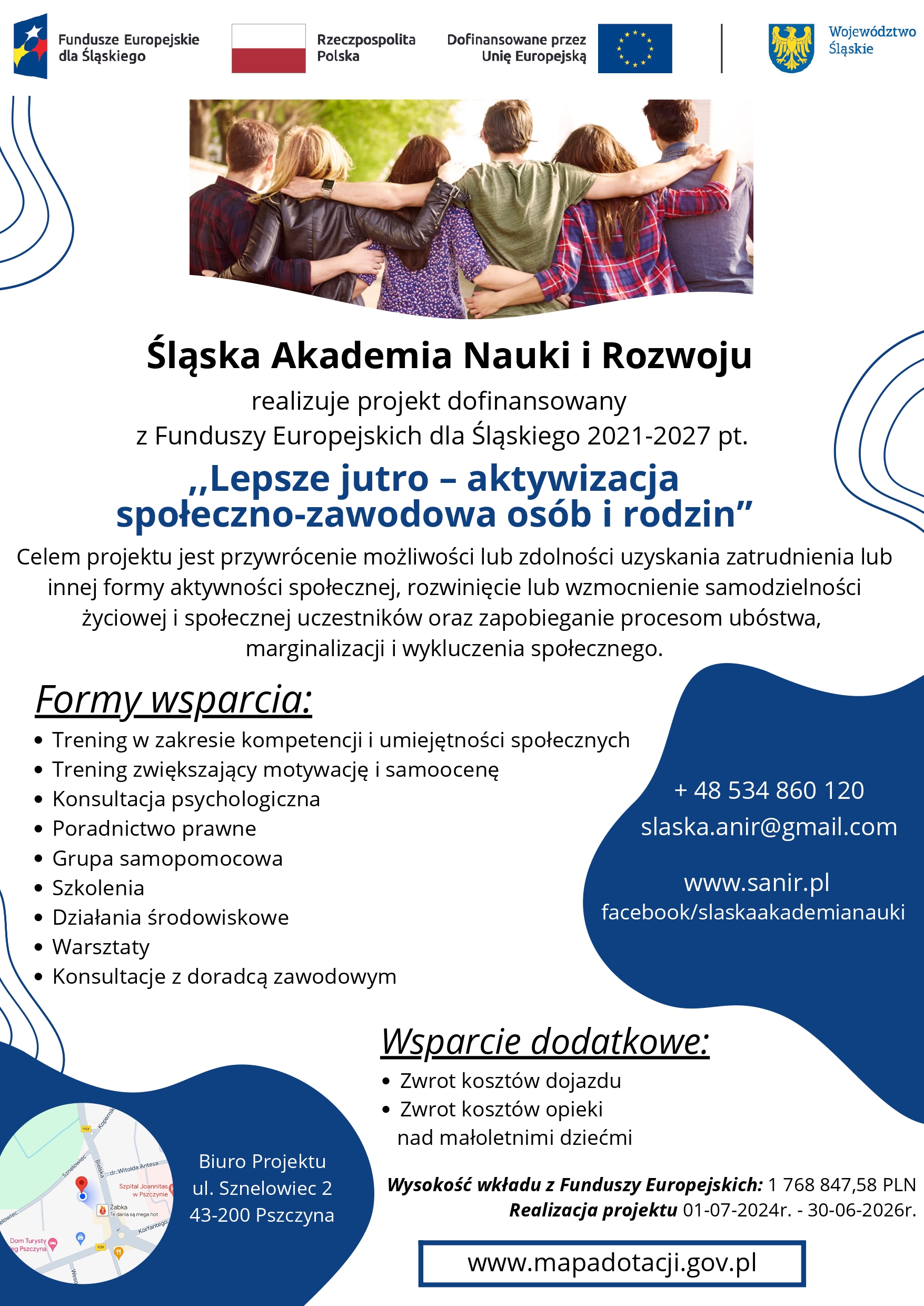 Plakat promujący projekt "Lepsze jutro – Aktywizacja społeczno-zawodowa osób i rodzin" - Celem projektu jest przywrócenie możliwości lub zdolności uzyskania zatrudnienia lub innej formy aktywności społecznej.