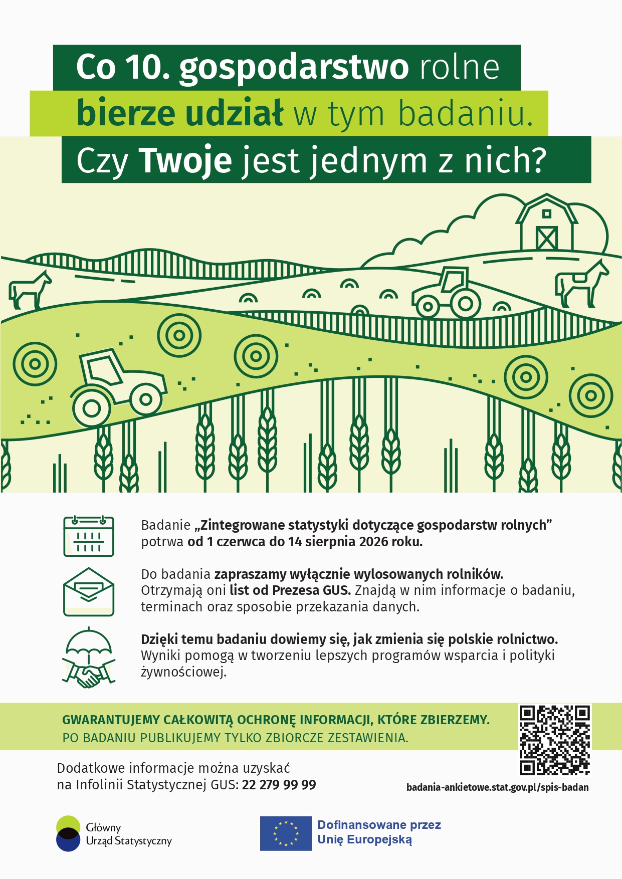 Badanie „Zintegrowane statystyki dotyczące gospodarstw rolnych” potrwa od 1 czerwca do 14 sierpnia 2026 roku. - Pełna treść informacji poniżej.