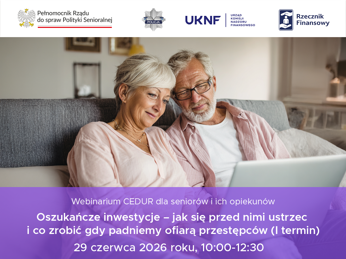 Grafika promująca webinarium, przedstawia starszą parę obserwującą ekran laptopa, na grafice widać również podstawowe informacje nt. webinaru, które są dostępne poniżej w ogłoszeniu.