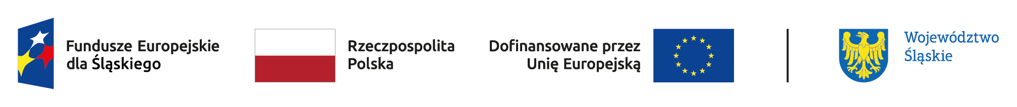 Grafika przedstawia loga: Fundusze Europejskie dla Śląskiego, Rzeczpospolita Polska, Dofinansowane przez Unię Europejską, Wojew&oacute;dztwo Śląskie