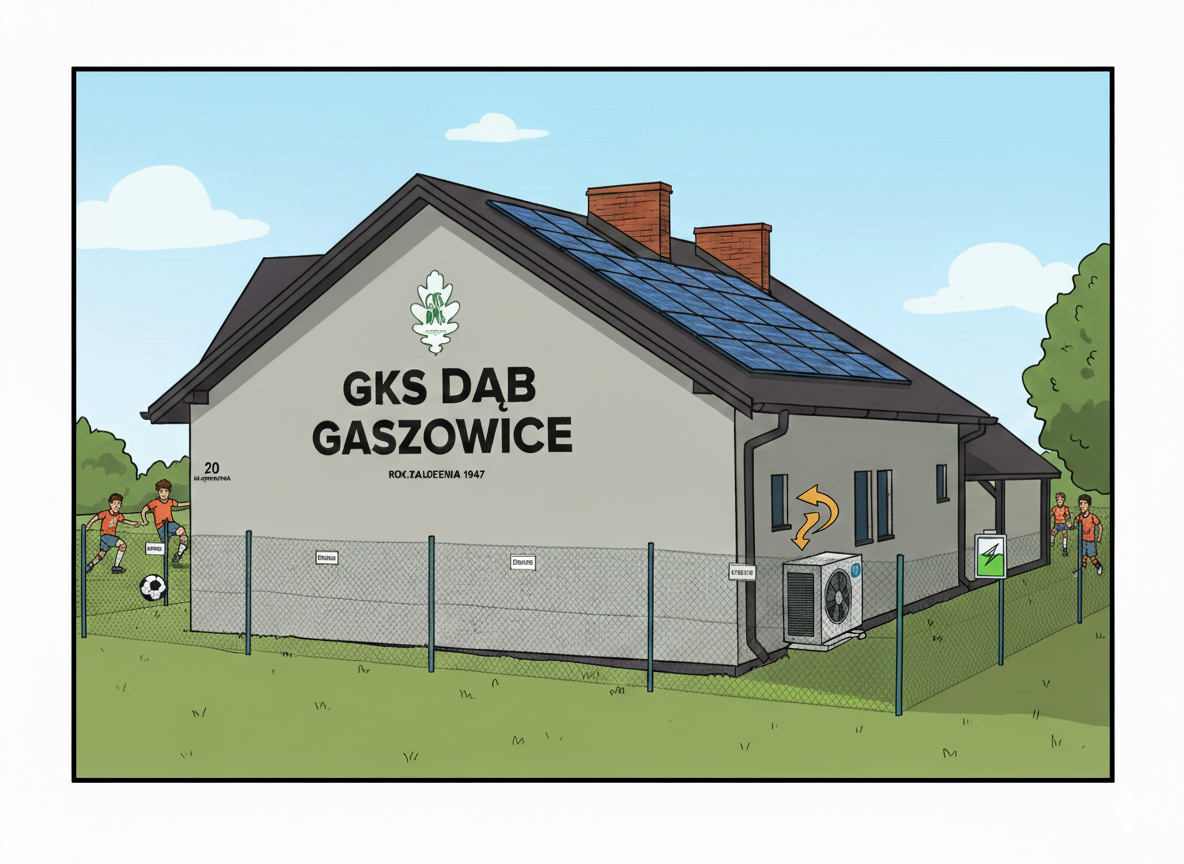 Obraz przedstawia koncept budynku klubu sportowego w Piecach po przeprowadzeniu termomodernizacji - Grafika wygenerowana przez SI