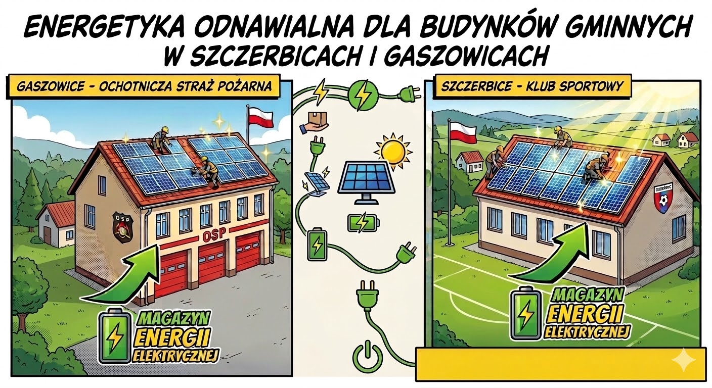 Grafika kocepcyjna, przedstawiająca Budynek Ochotniczej Straży Pożarnej w Gaszowicach, oraz Budynek Klubu sportowego w Szczerbicach z zamontowanymi panelami fotowoltaicznymi - Grafika wygenerowana przy użyciu SI