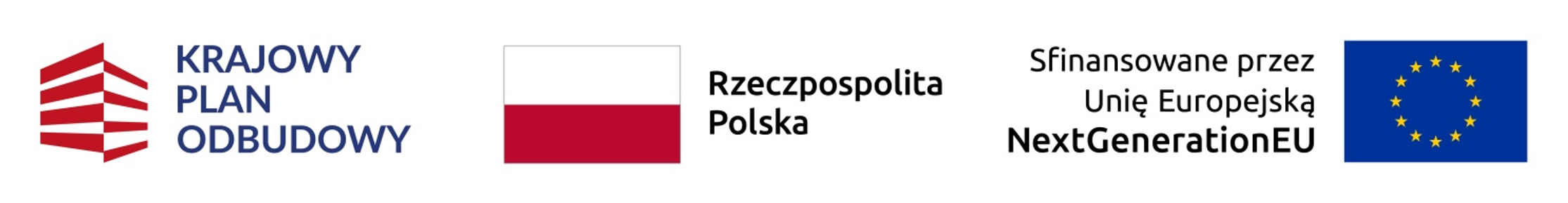 Grafika przedstawia: Logo Krajowego Planu Odbudowy, Flaga Rzeczpospolitej Polskiej, oraz informację o finansowaniu z środk&oacute;w Unii Europejskiej
