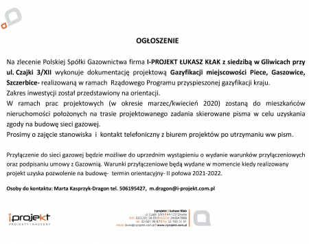 Ogłoszenie - prace związane z projektowaniem sieci gazowej