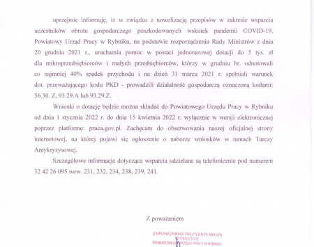 Informacja Powiatowego Urzędu Pracy w Rybniku dla przedsiębiorców ws. "tarczy branżowej" na rok 2022