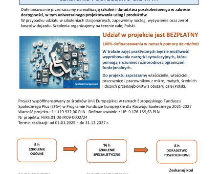 Instytut ADN sp. z o.o. sp. k. oraz  Fundacja Kultury bez Barier zapraszają Przedsiębiorców do udziału w projekcie Instytut Dostępności - szkolenia i doradztwo dla firm, o numerze FERS.01.03-IP.09-002/24.